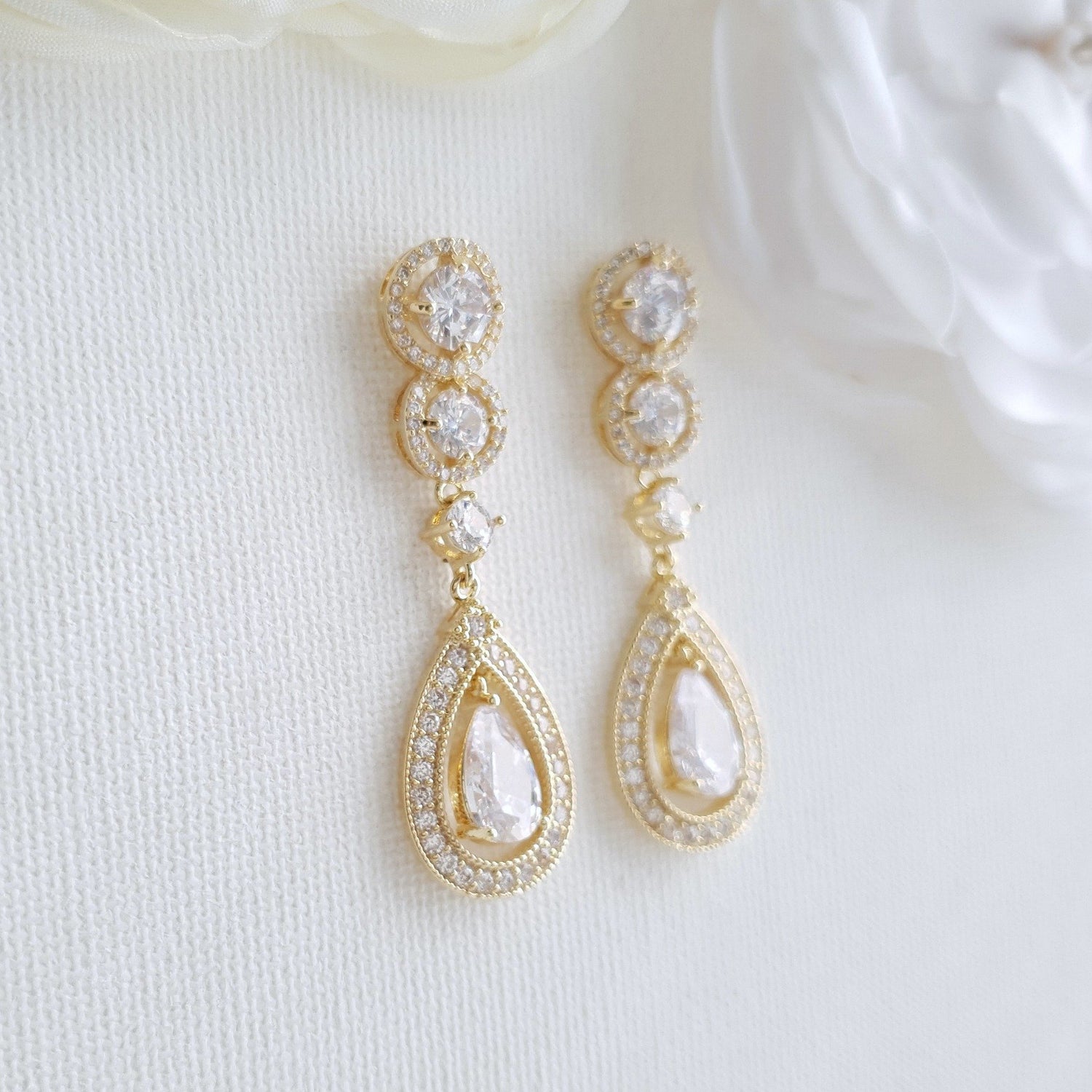 14k Gold Plated Cubic Zirconia Bridal Earrings- Sarah - PoetryDesigns