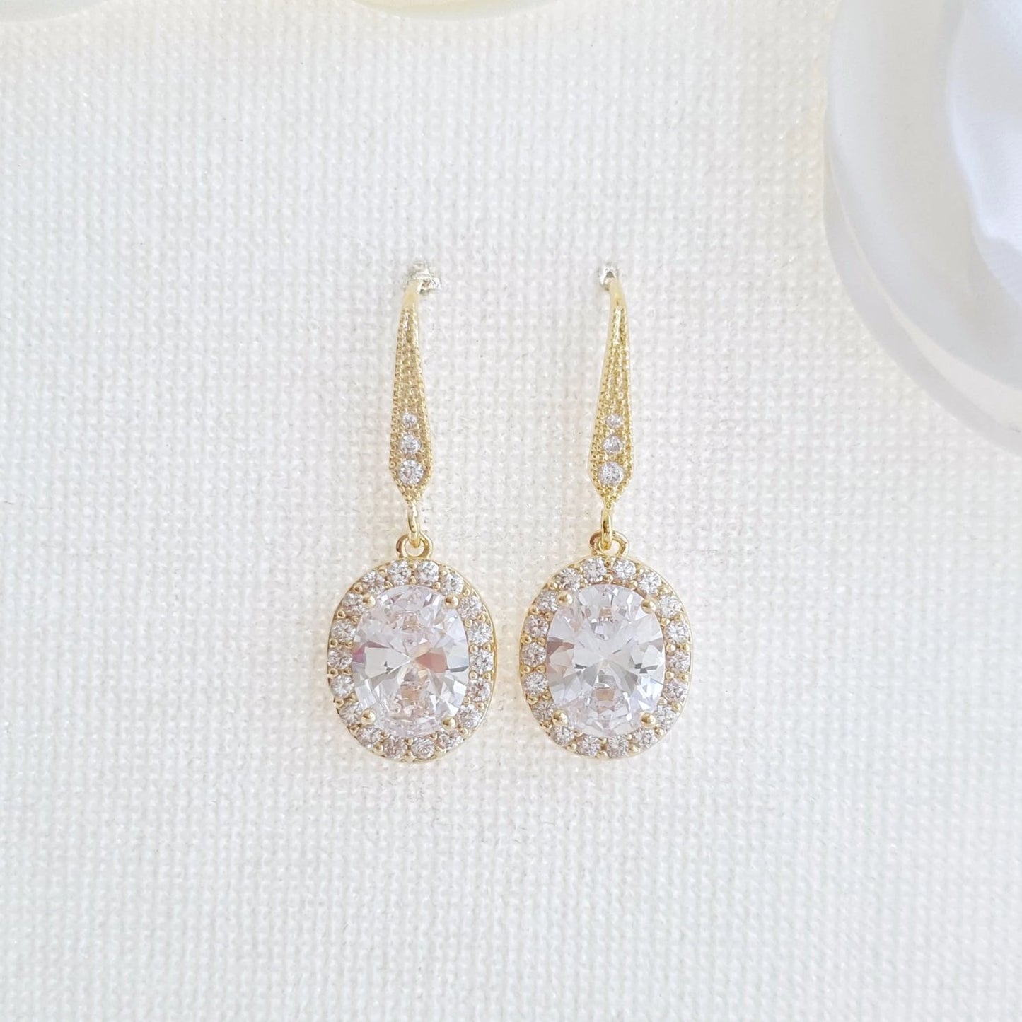 Small Gold Dangle Earrings With Oval CZ Drops-Emily - PoetryDesigns