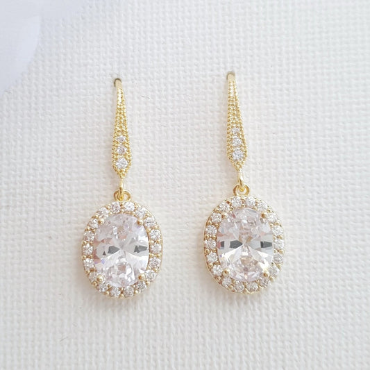 Small Gold Dangle Earrings With Oval CZ Drops-Emily - PoetryDesigns