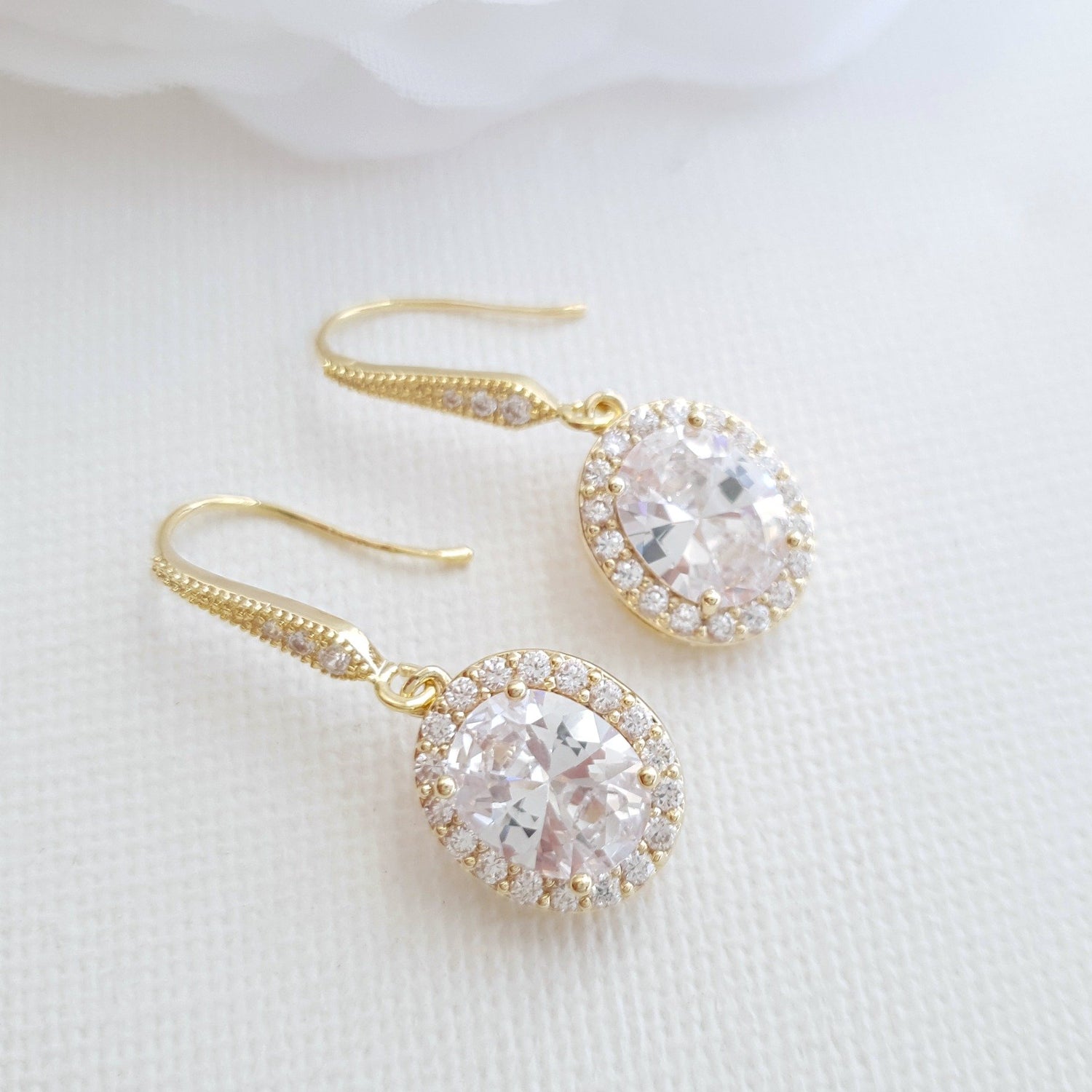 Small Gold Dangle Earrings With Oval CZ Drops-Emily - PoetryDesigns