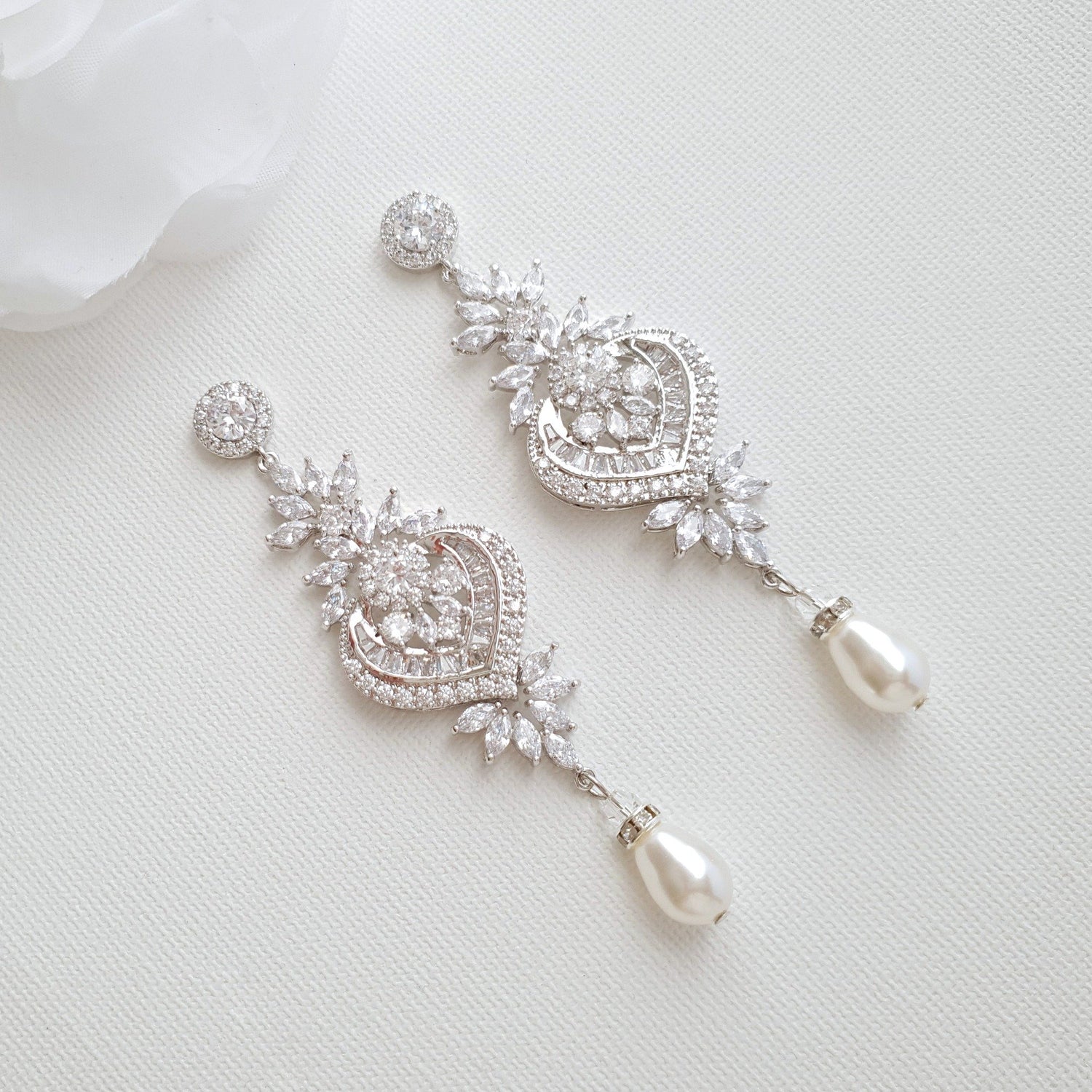 Chandelier Wedding Earrings in silver and Cubic zirconia and Swarovski Pearl Drops- Poetry Designs