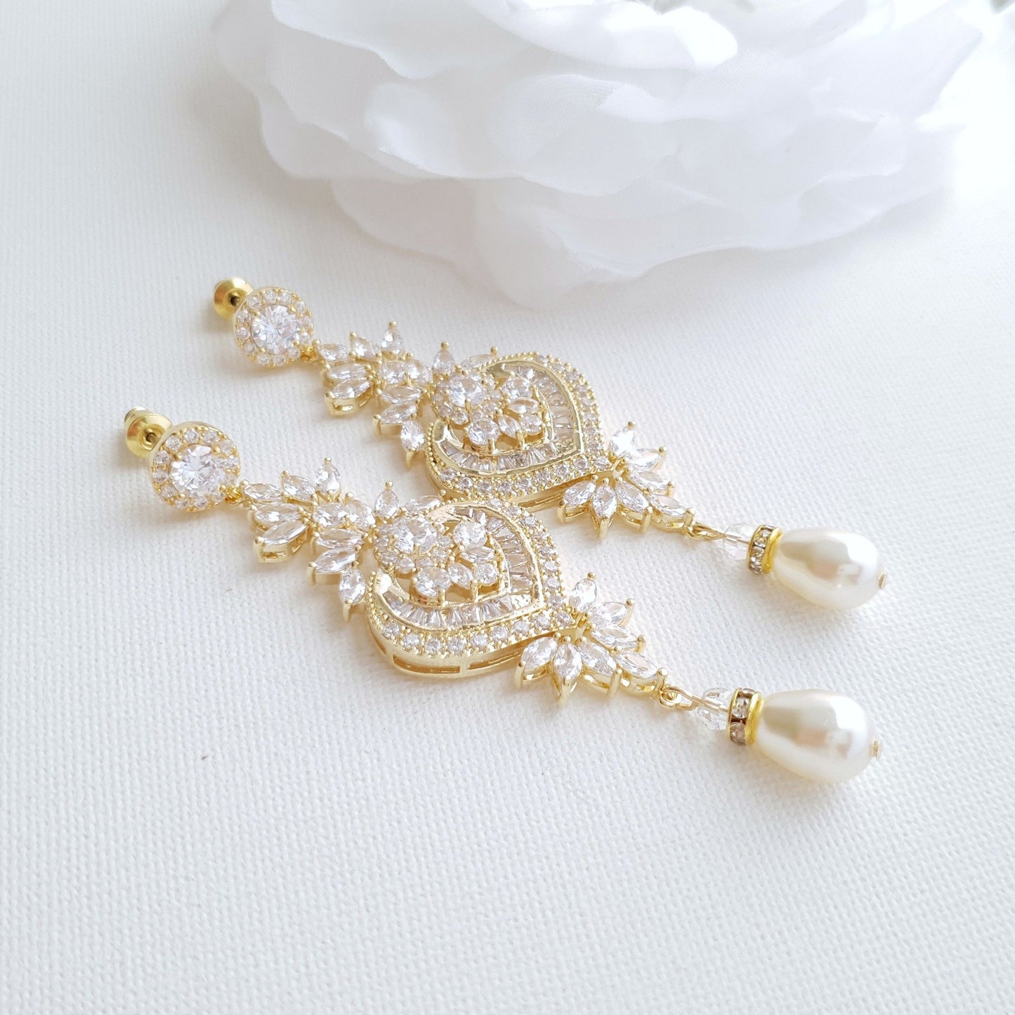 Yellow Gold Plated Crystal and Pearl Drop Chandelier Wedding Earrings- Poetry Designs