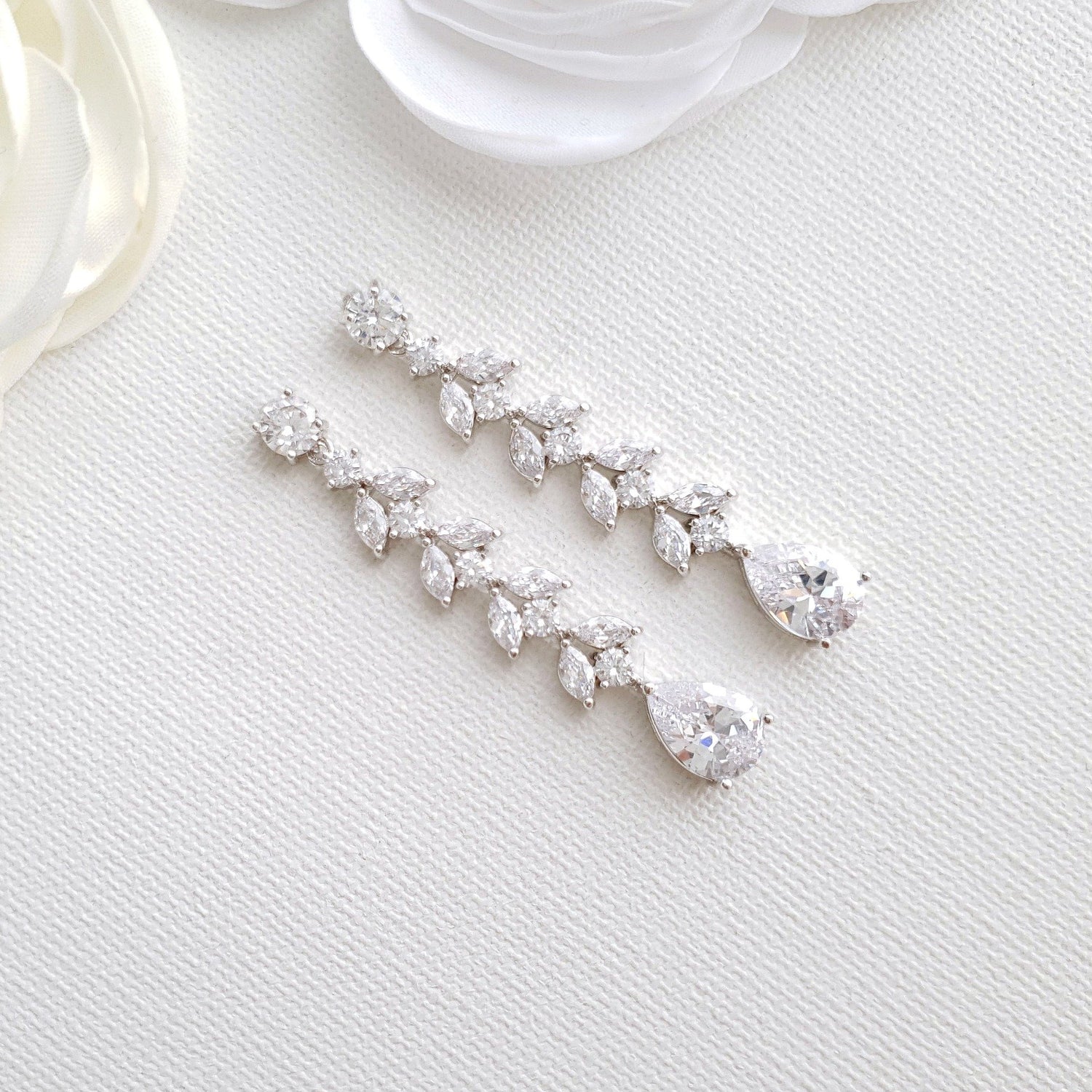 Long Marquise Crystal Earrings with Leaf & Teardrop shapes for Brides- Poetry Designs