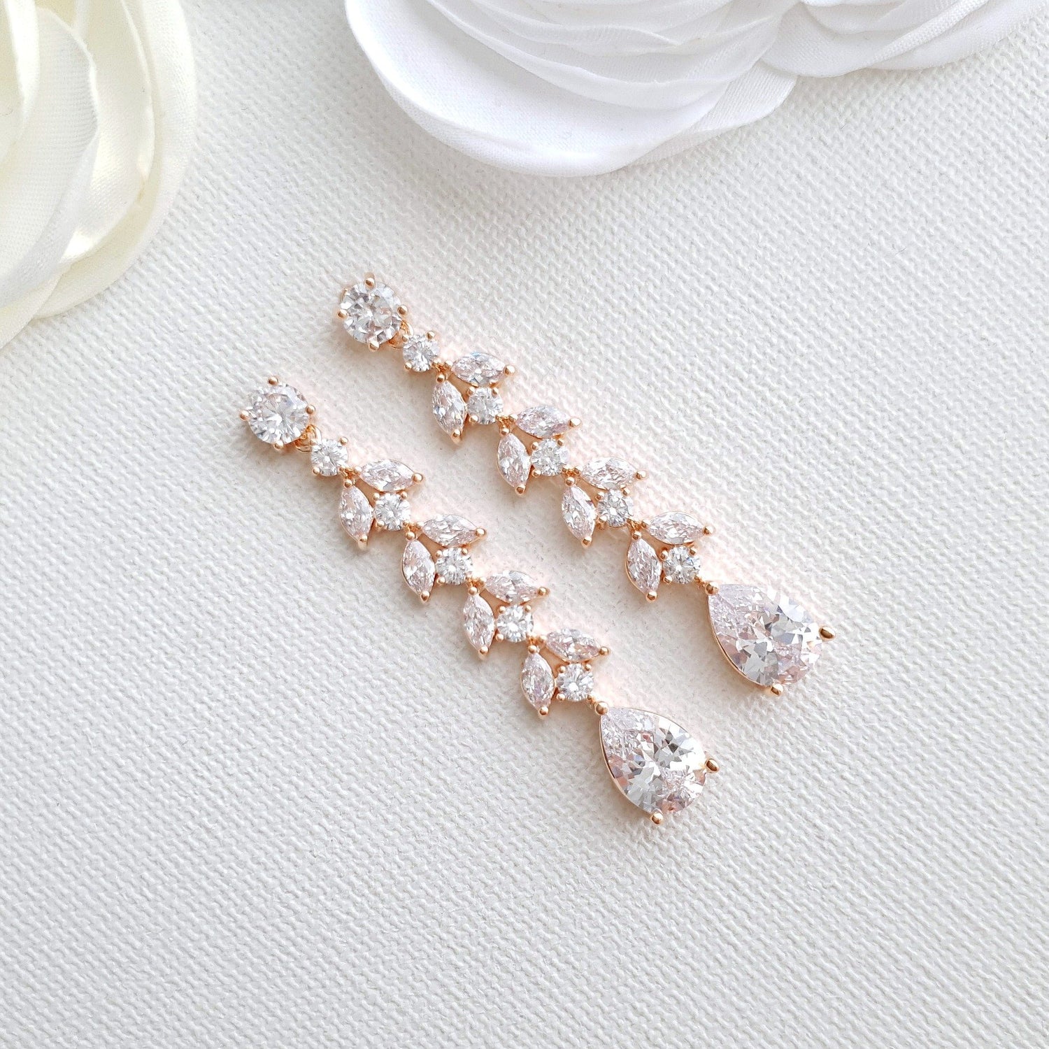 Rose gold and cubic zirconia Marquise Crystal Earrings for Weddings- Poetry Designs