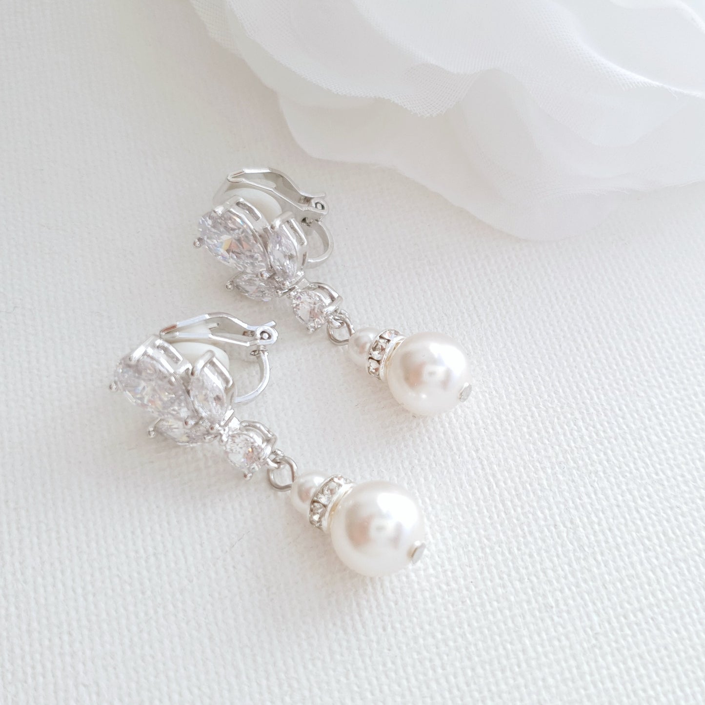 Clip On Pearl Drop Wedding Earrings-Nicole