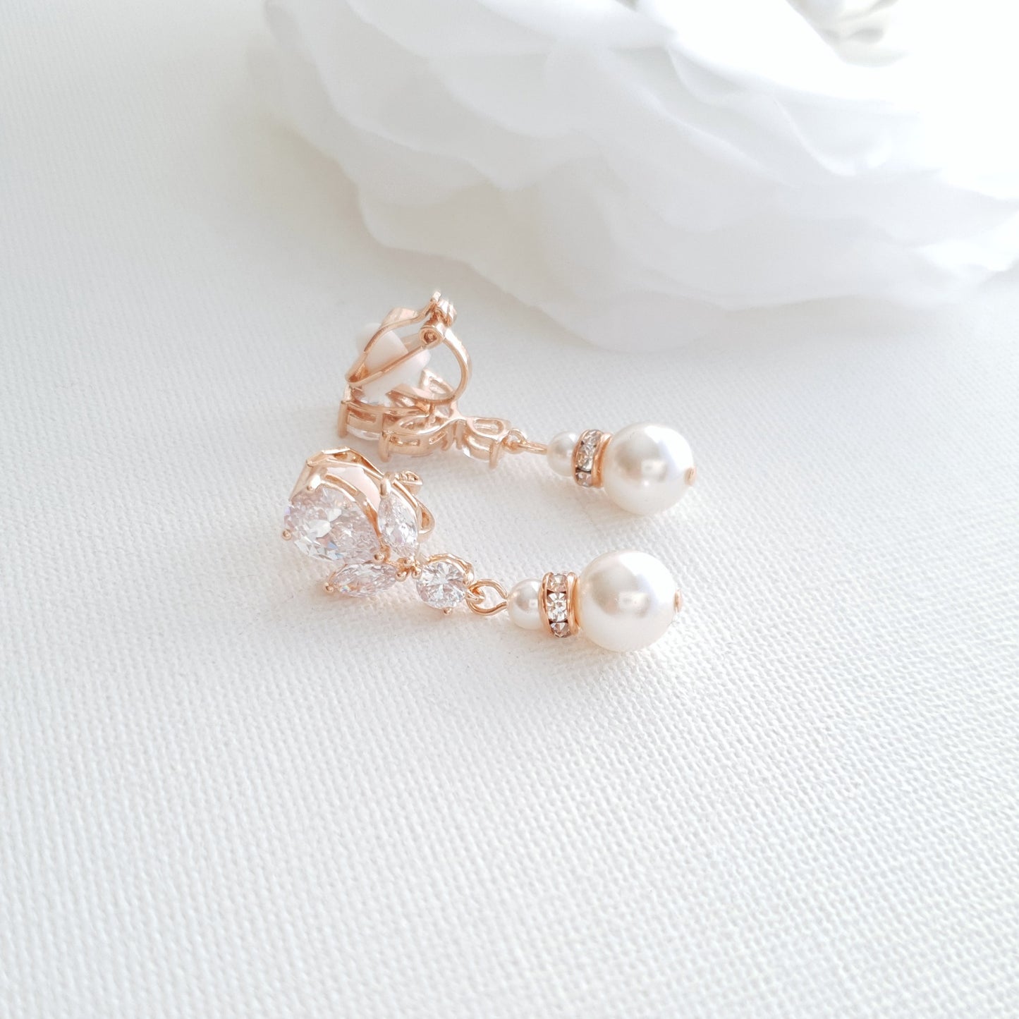 Clip On Pearl Drop Wedding Earrings-Nicole