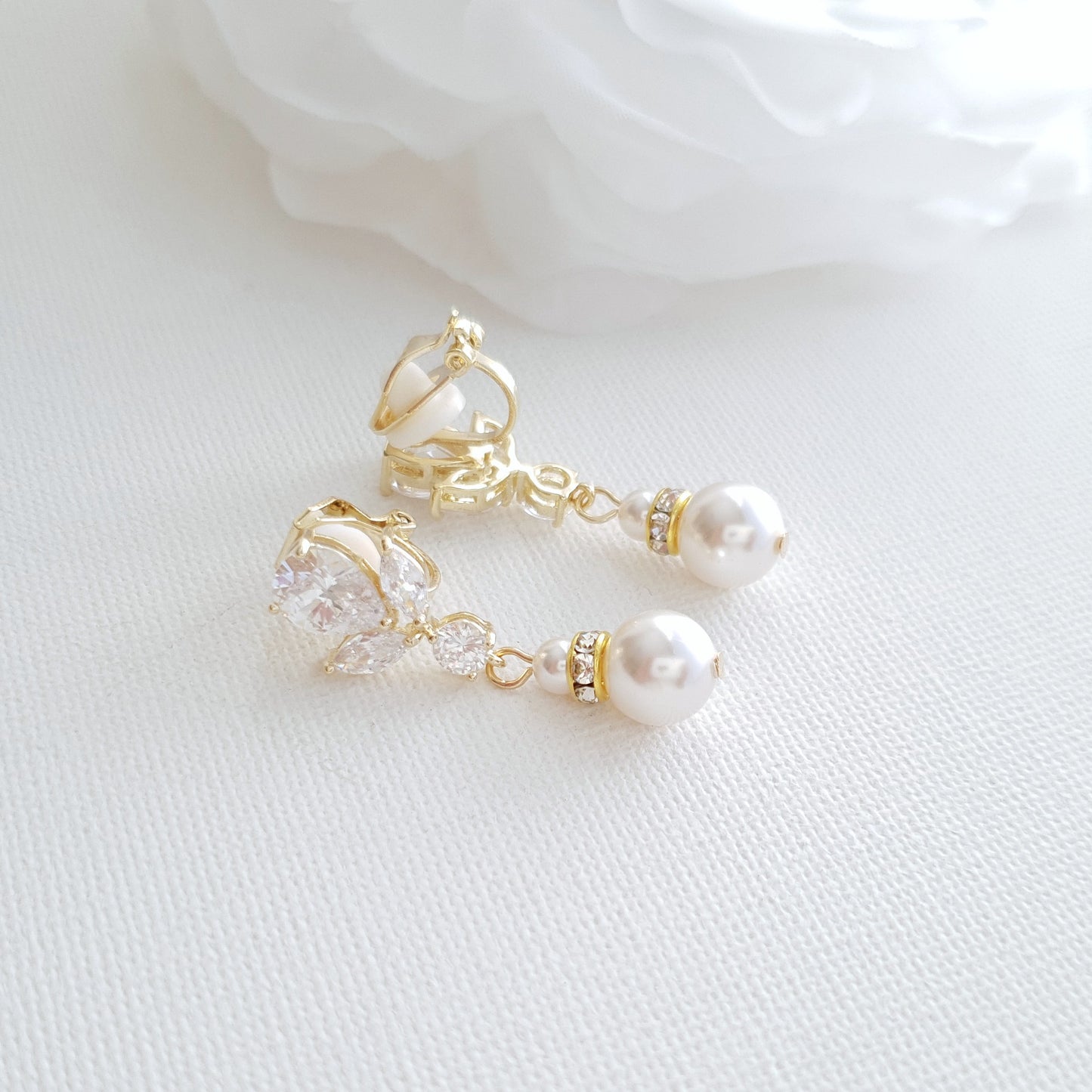 Clip On Pearl Drop Wedding Earrings-Nicole