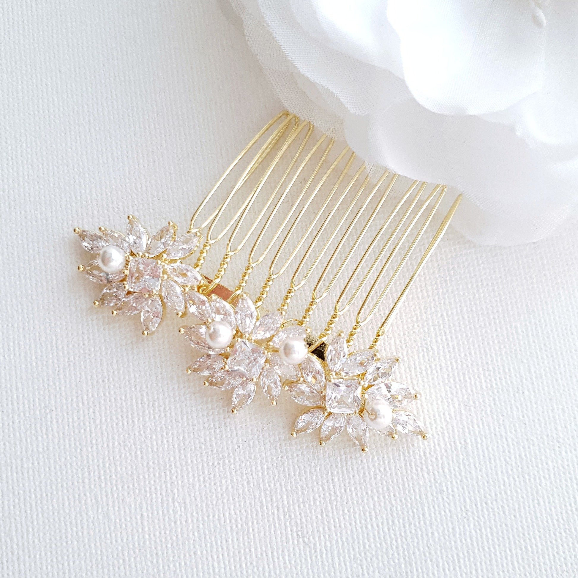 Crystal Flower Gold Hair Comb for Weddings-Bridget - PoetryDesigns