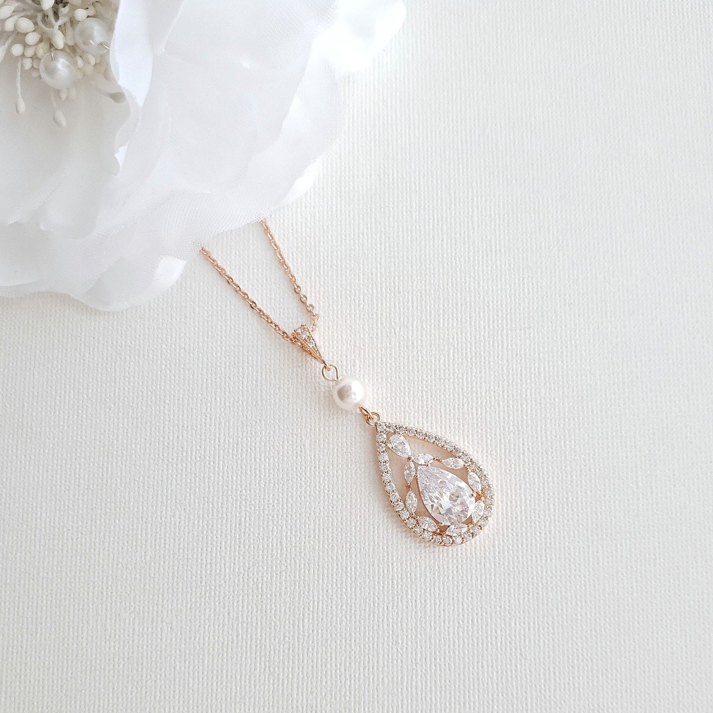 Bridal Pendant Necklace with Teardrop CZ Crystals-Esther - PoetryDesigns