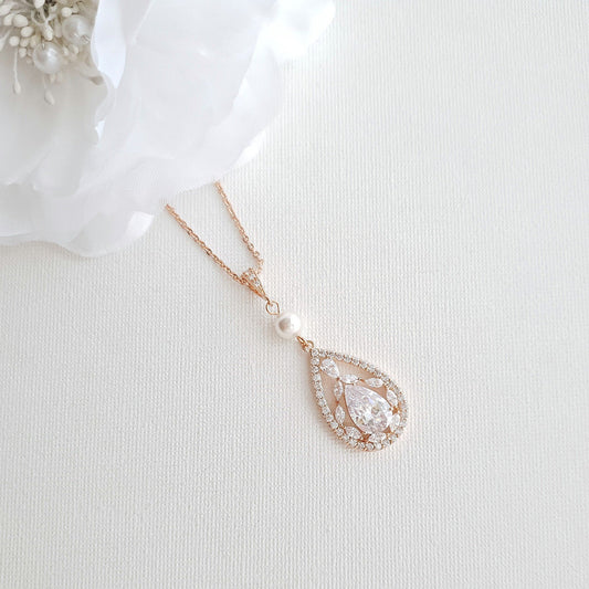 Teardrop Pendant Necklace for Wedding in Rose Gold & Pearl-Esther