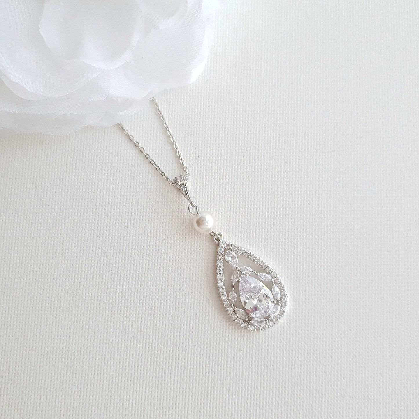 Teardrop Cubic Zirconia Pendant Necklace in 14K Gold for Weddings-Esther - PoetryDesigns