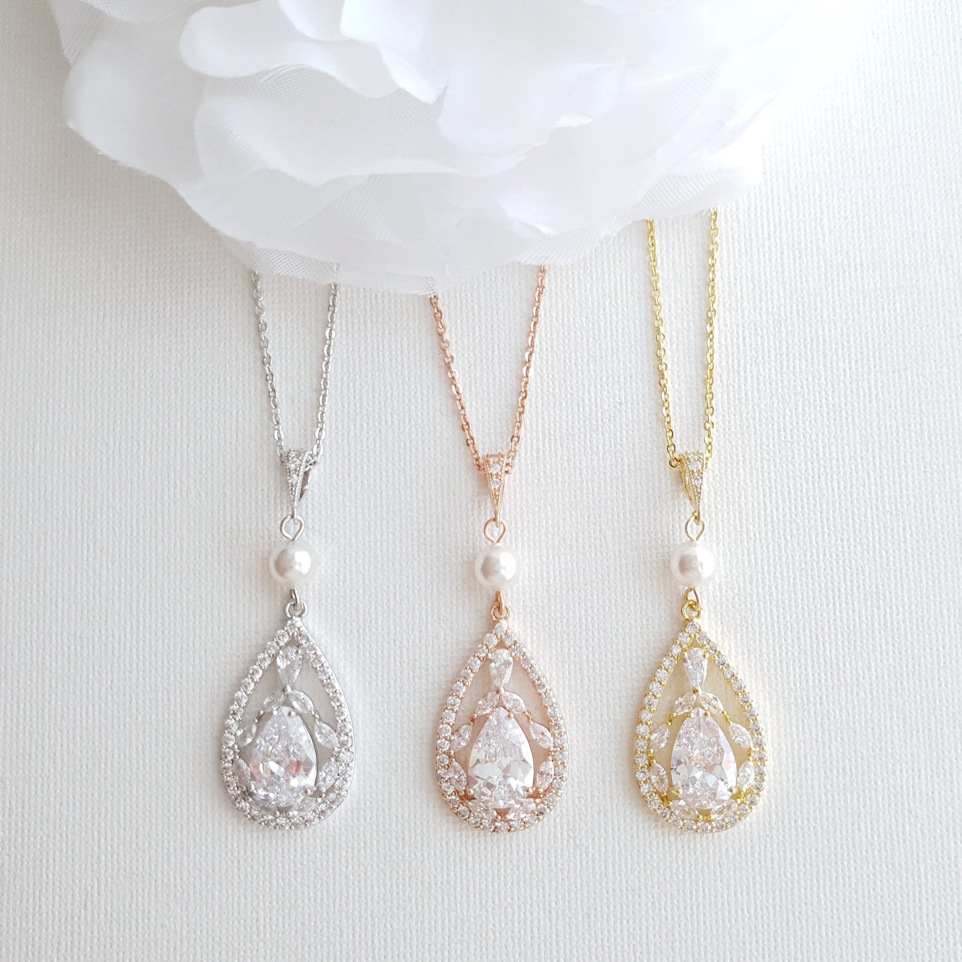 Bridal Pendant Necklace with Teardrop CZ Crystals-Esther - PoetryDesigns