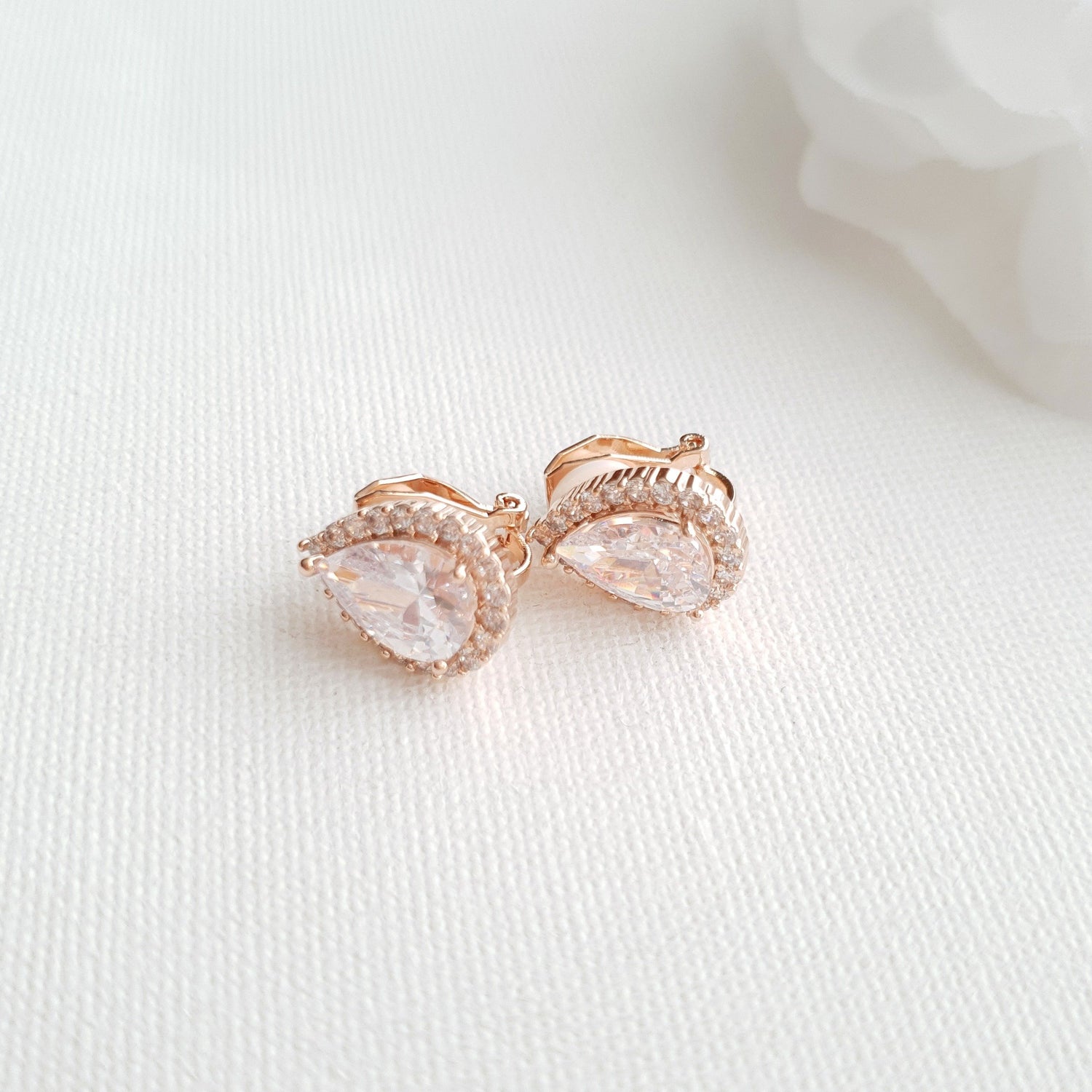 Rose Gold Clip On Bridal Earrings- Stud Earrings for Non Pierced Ears- Poetry Designs