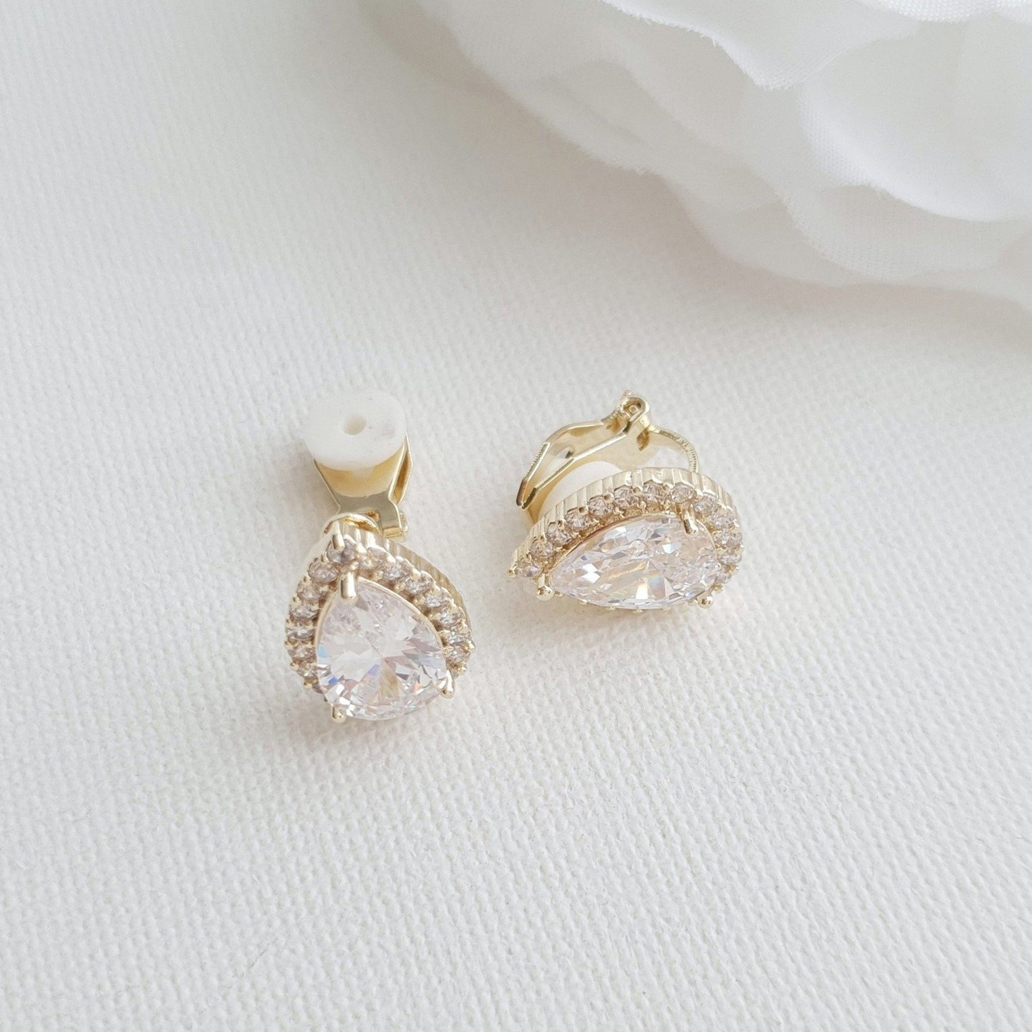 Gold Clip On Earrings in Teardrop CZ for Brides Bridesmaids-Emma - PoetryDesigns