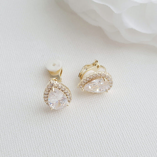 14K Gold Teardrop Shape Clip On Stud Earrings for Brides, Bridesmaids, and Weddings- Poetry Designs