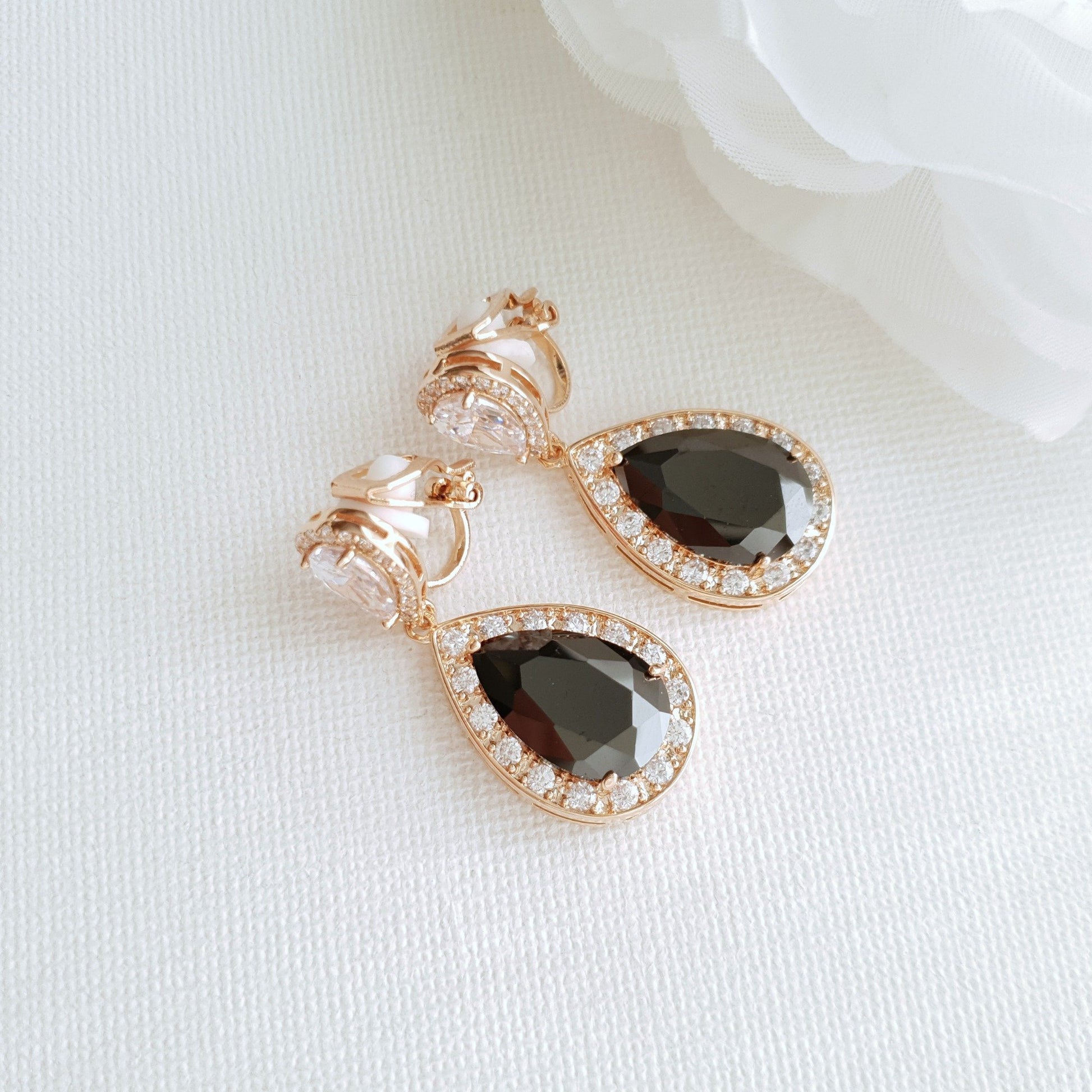 Cubic Zirconia Teardrop Clip On Earrings in Black & Gold- Zoe - PoetryDesigns