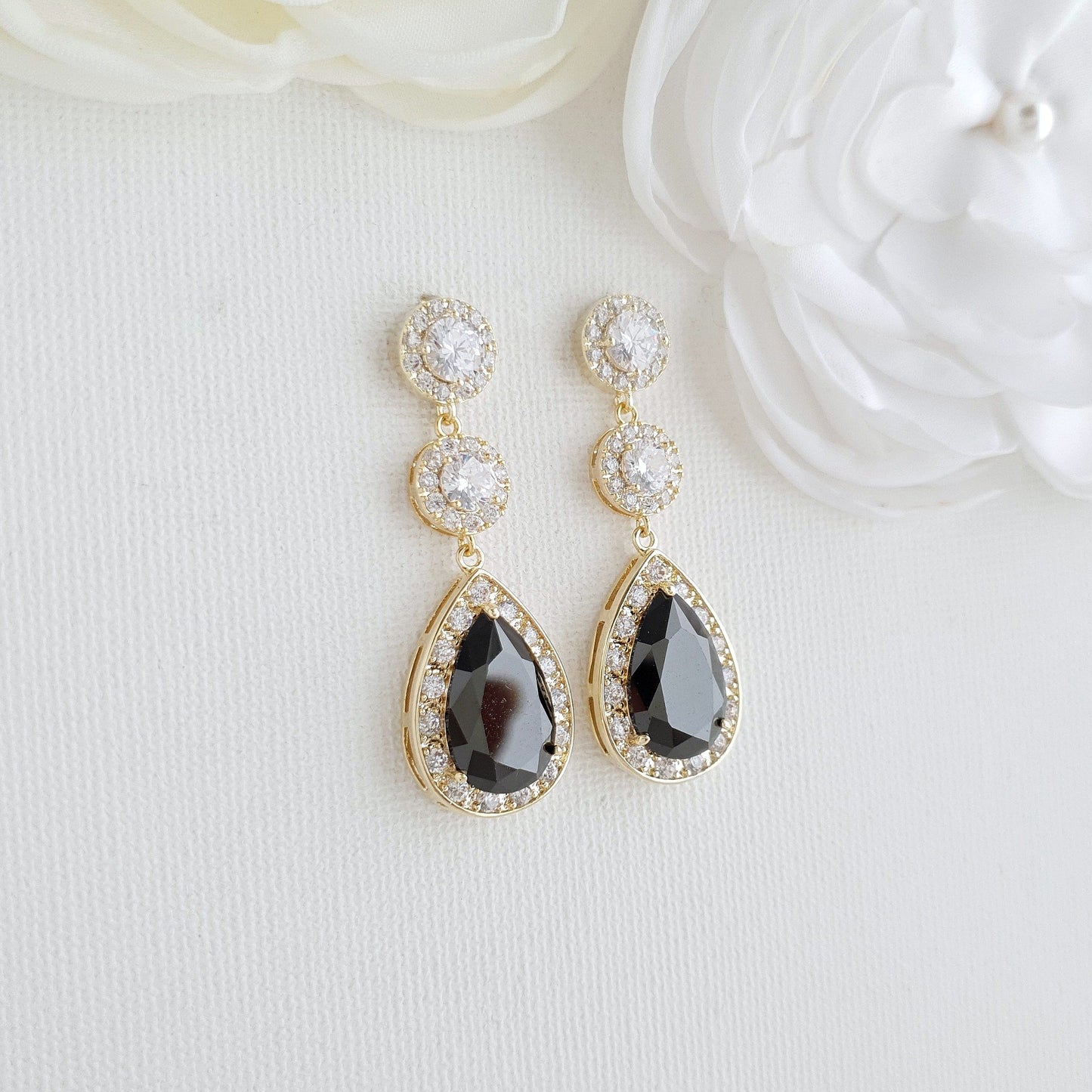 Gold and Black Long Teardrop Earrings- Zoe - PoetryDesigns