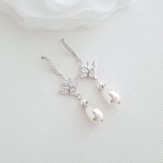 Pendientes colgantes de novia con perlas y cristales-Rosa