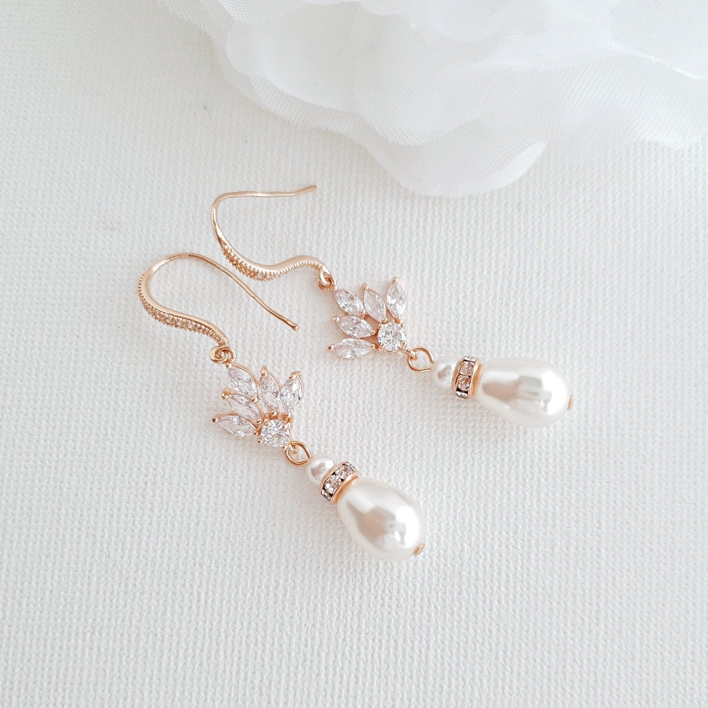 Pendientes colgantes de novia con perlas y cristales-Rosa