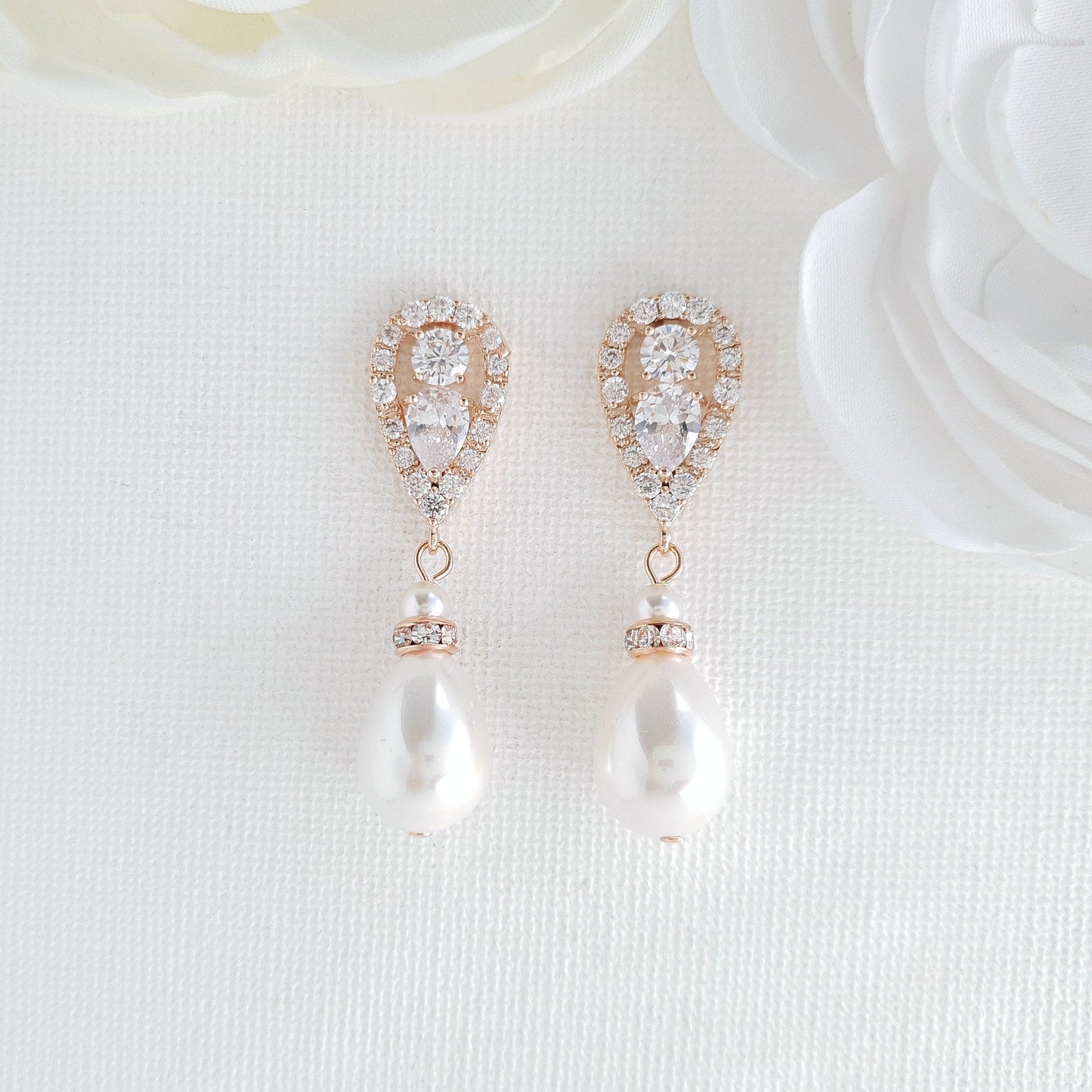 Rose Gold Pearl Drop Earrings-Cera - PoetryDesigns