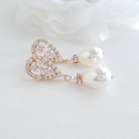 Rose Gold Pearl Drop Earrings-Cera - PoetryDesigns