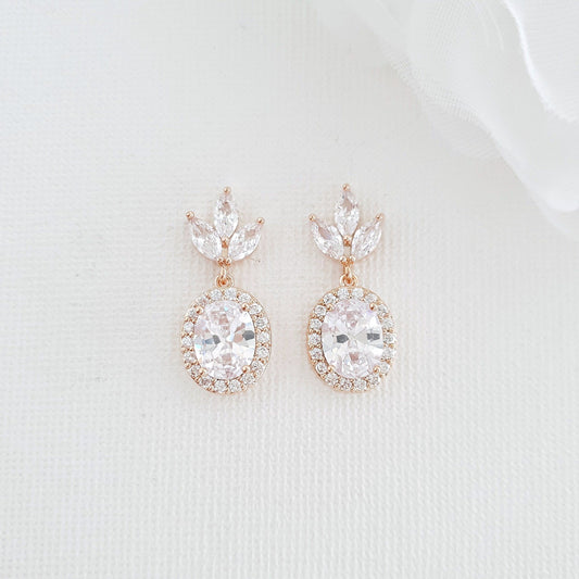 Small Bridal Earrings With Oval Crystals & Rose Gold- Emily - PoetryDesigns