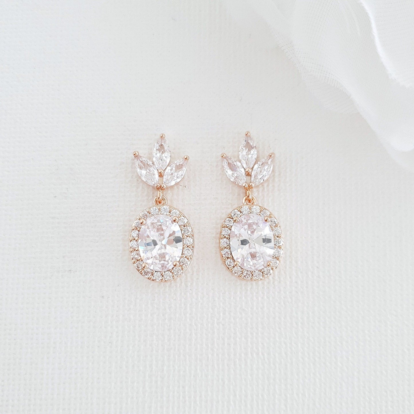 Small Bridal Earrings With Oval Crystals & Rose Gold- Emily - PoetryDesigns