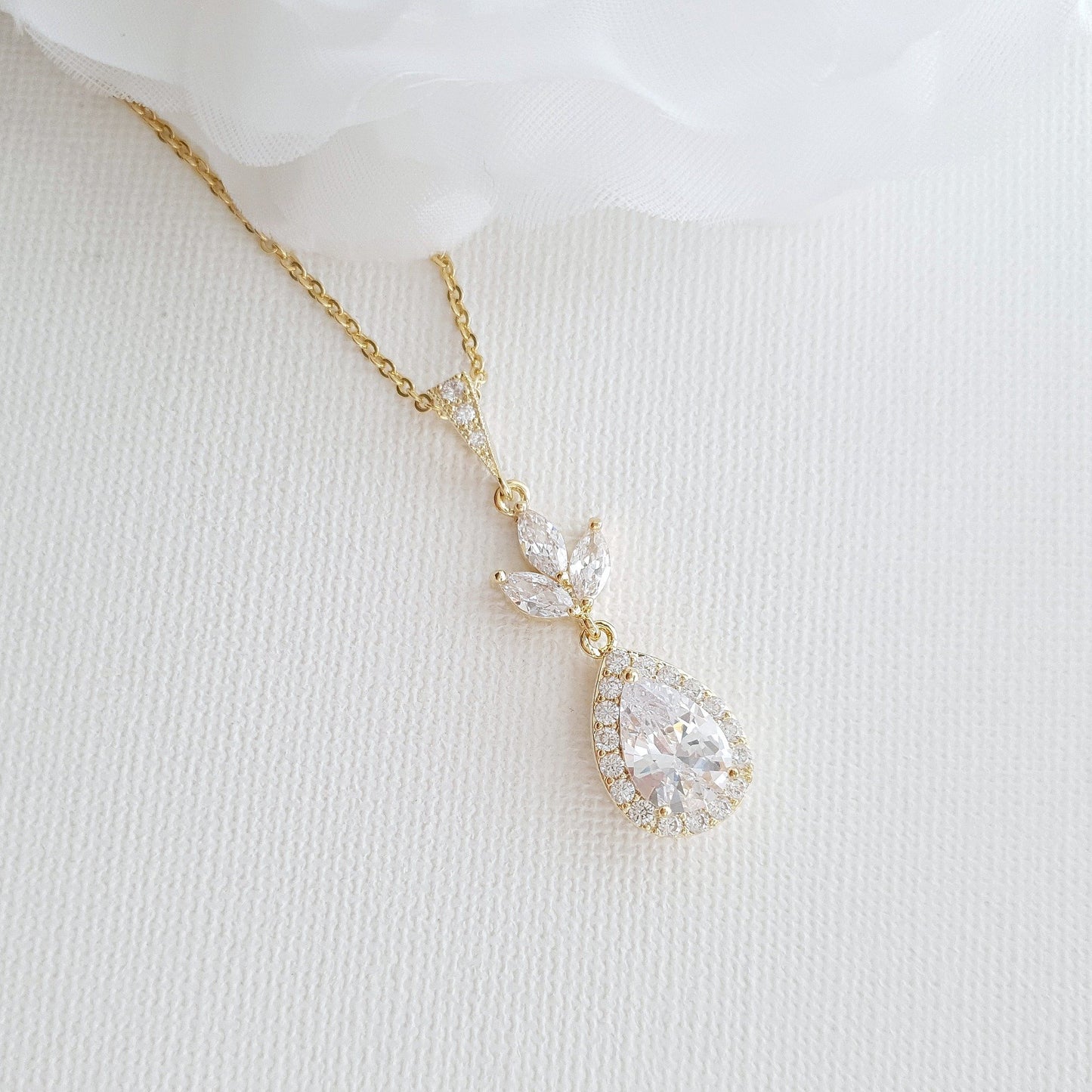 Bridal Drop Necklace In Cubic Zirconia- Lotus - PoetryDesigns