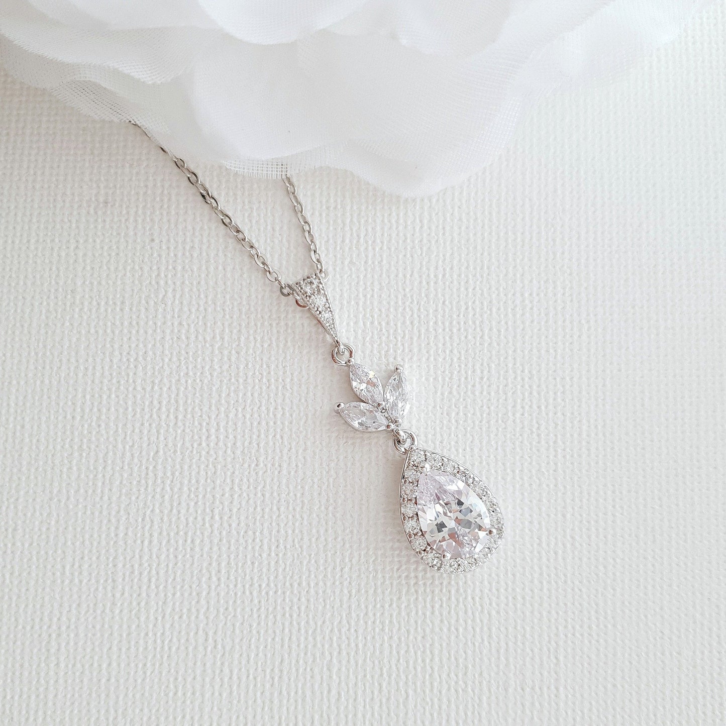 Bridal Drop Necklace In Cubic Zirconia- Lotus - PoetryDesigns