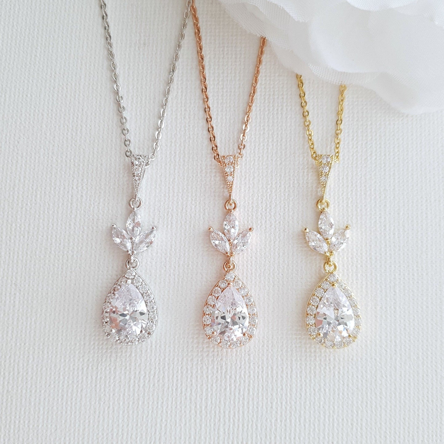 Bridal Drop Necklace In Cubic Zirconia- Lotus - PoetryDesigns