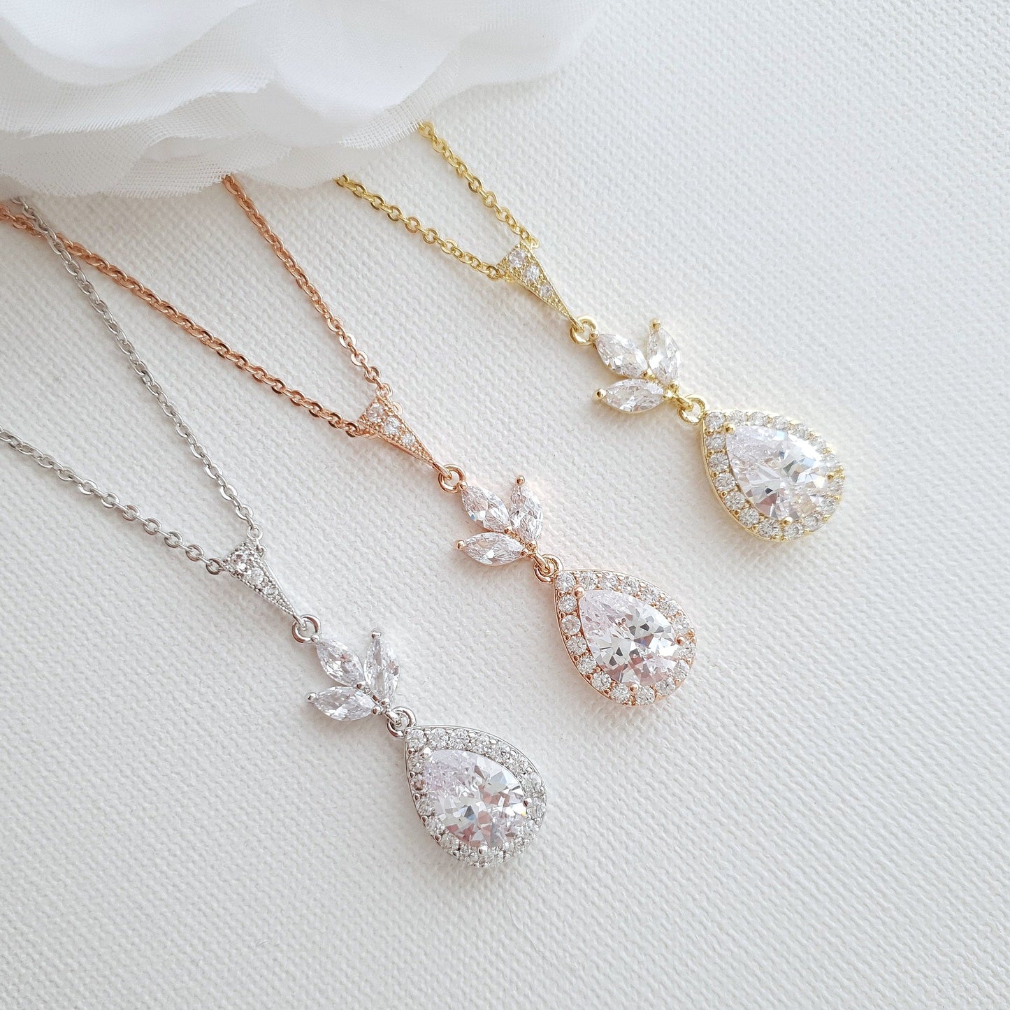 Bridal Drop Necklace In Cubic Zirconia- Lotus - PoetryDesigns