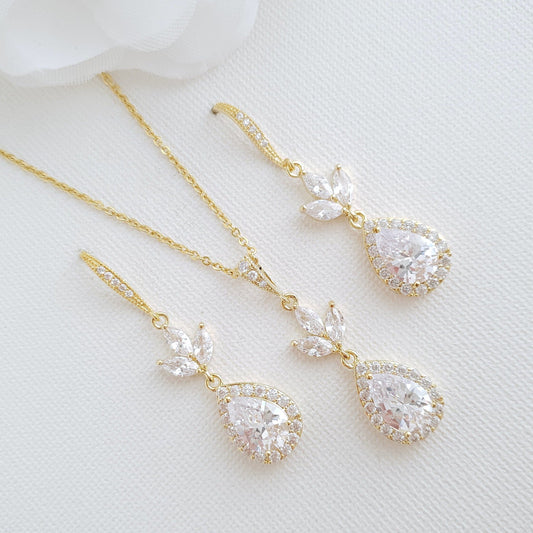 14K Yellow Gold Necklace and Earrings Set for Brides-Lotus - PoetryDesigns