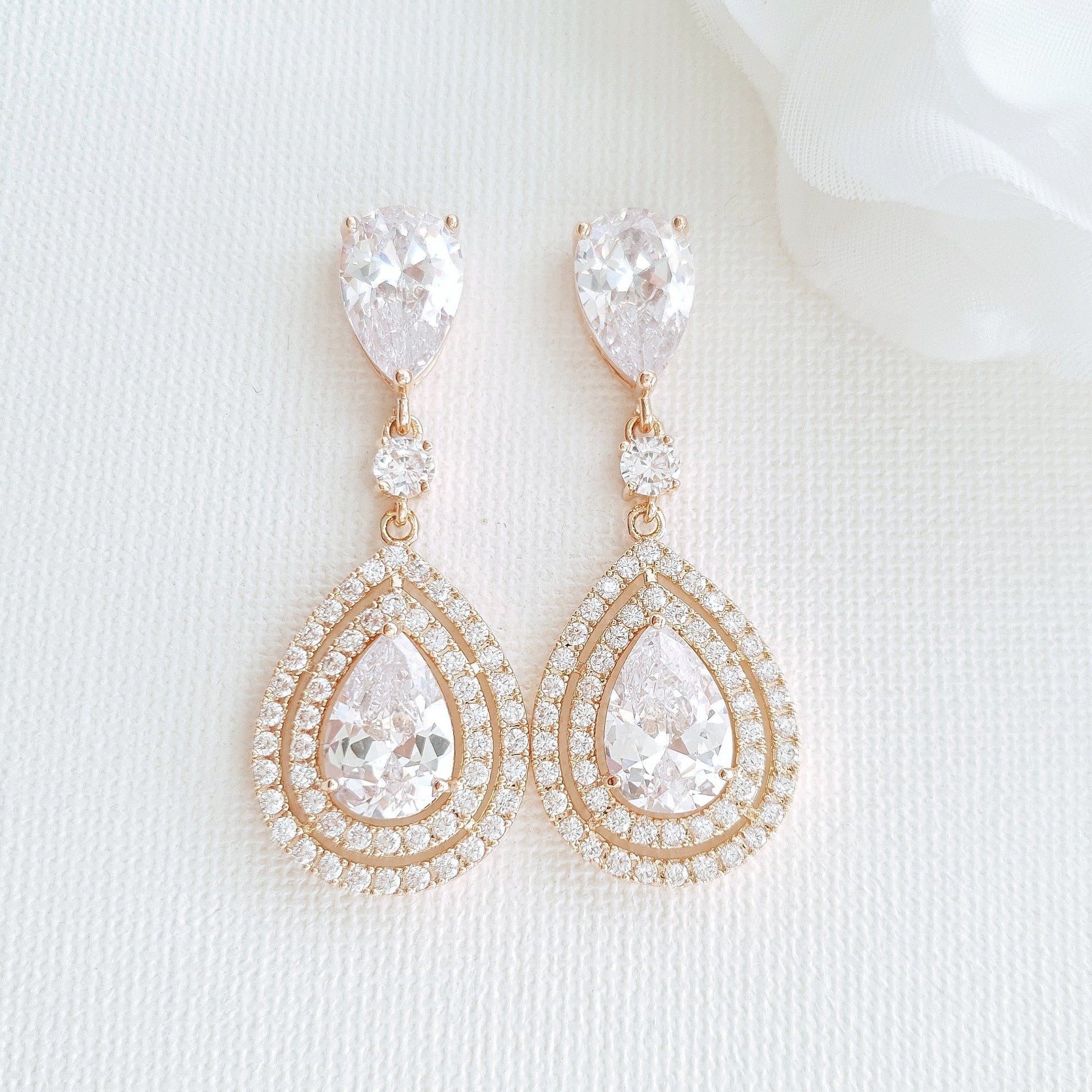 Rose Gold Wedding Earrings With Teardrops- Joni - PoetryDesigns