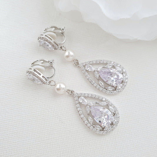 Cubic Zirconia clip on bridal earrings Silver- Poetry Designs