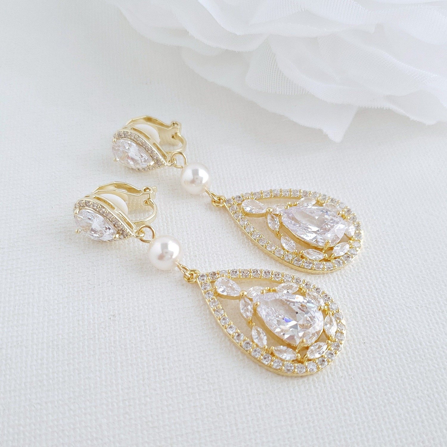 Yellow Gold Clip On Earrings Made of Cubic zirconia for Brides and Weddings- Poetry Designs