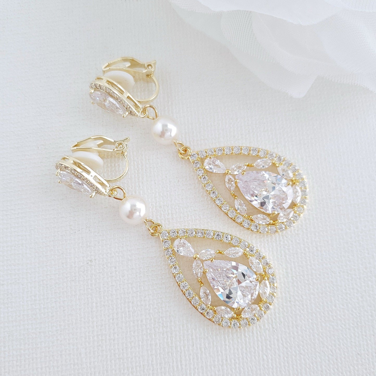 Gold clip on Wedding earrings with Pearls & Crystals- Poetry Designs