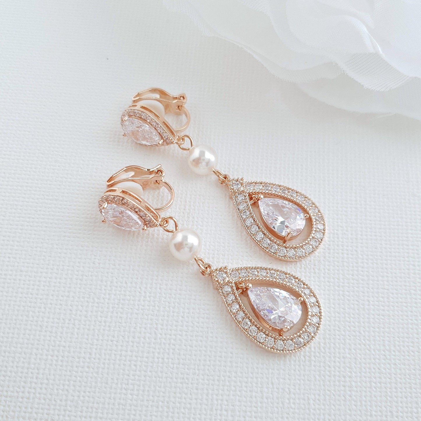 CZ Clip On Bridal Earrings in Rose Gold - Sarah - PoetryDesigns