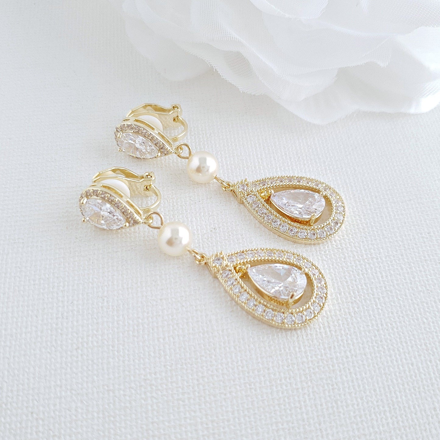 Unpierced Gold Clip On Earrings for Wedding - Sarah - PoetryDesigns