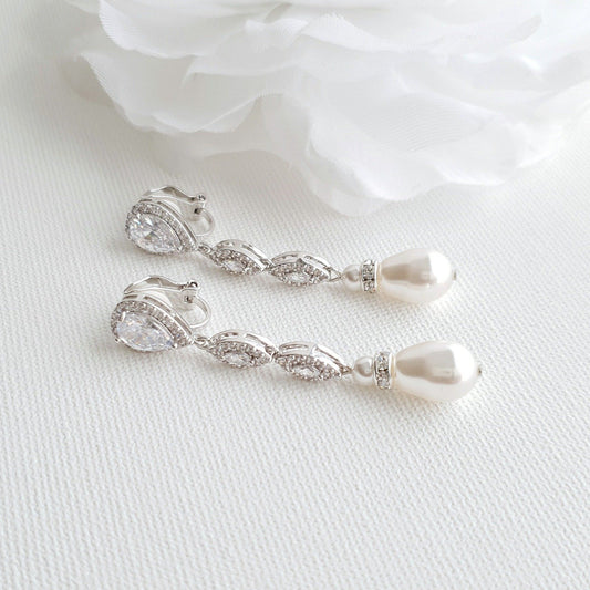 Pearl Drop Clip On Earrings in Silver-Abby - PoetryDesigns