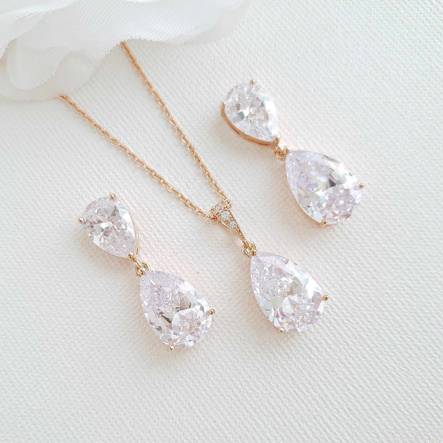 Clear Cubic Zirconia Earrings and Necklace Set in Rose Gold-Clara