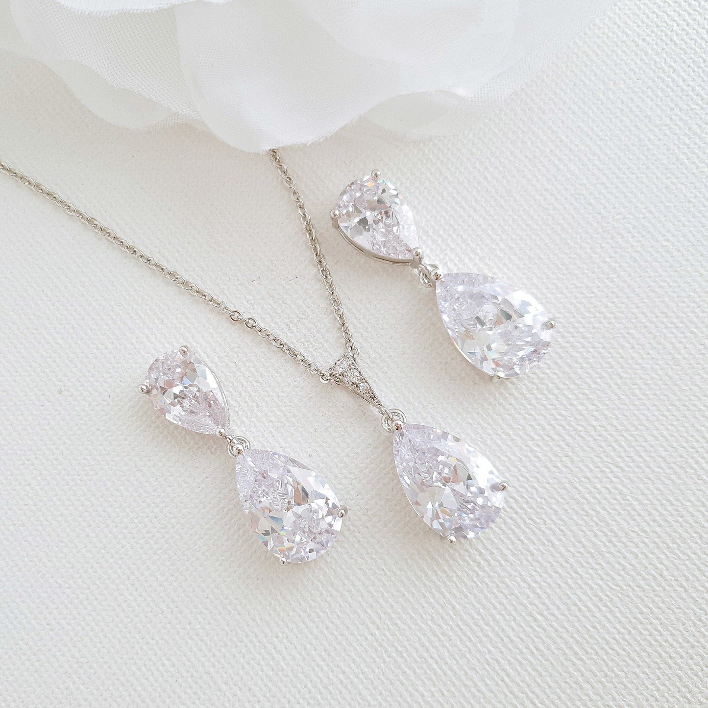 Bridesmaids & Bridal Crystal Jewelry Set with CZ Earring Necklace- Poetry Designs