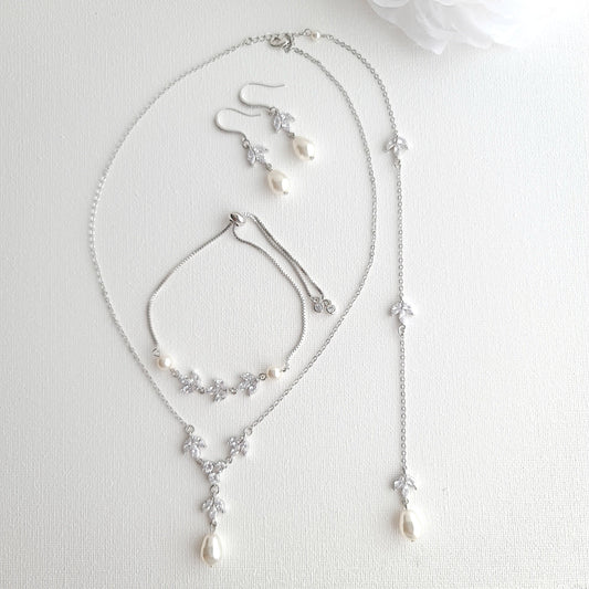 Simple Bridal Jewelry Set-3 Pcs- Silver & Pearl- Leila - PoetryDesigns