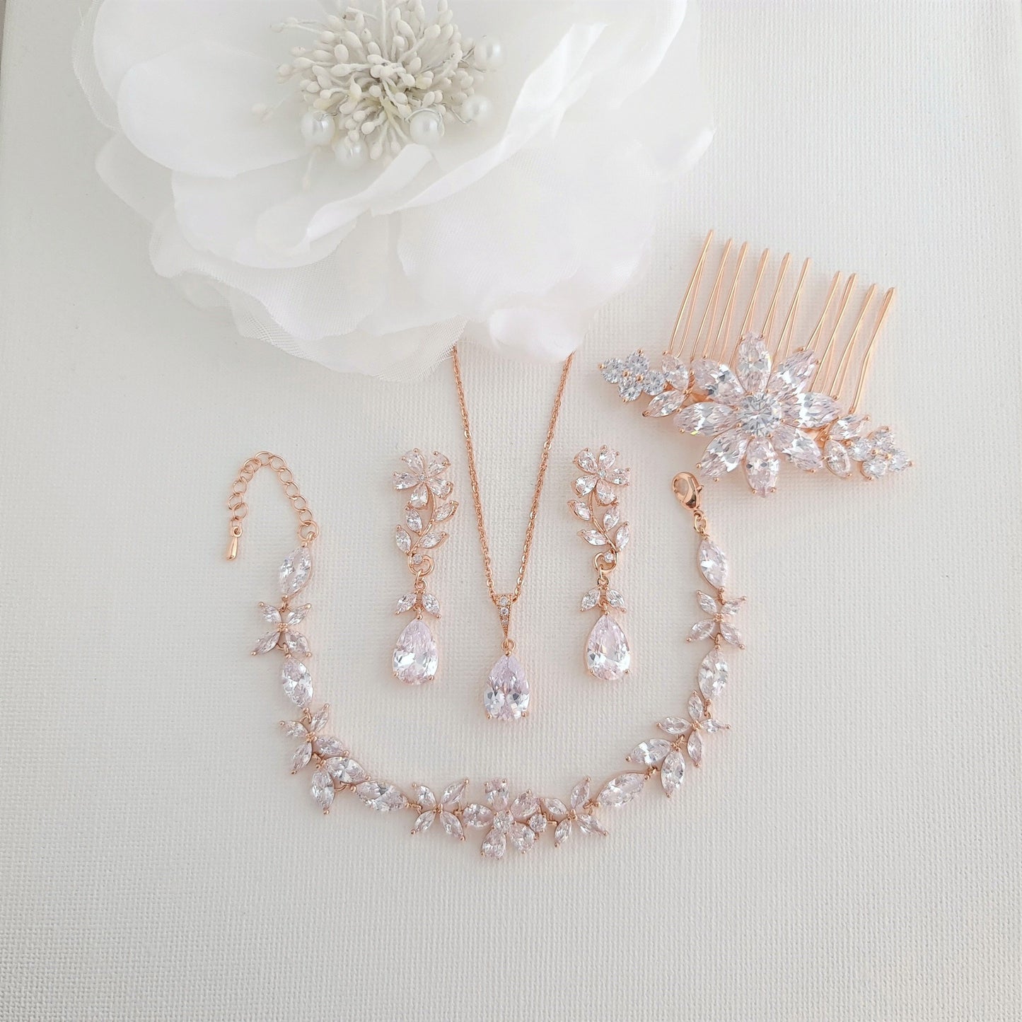 Floral Bridal Bracelet in Rose Gold & CZ Crystals- Daisy - PoetryDesigns