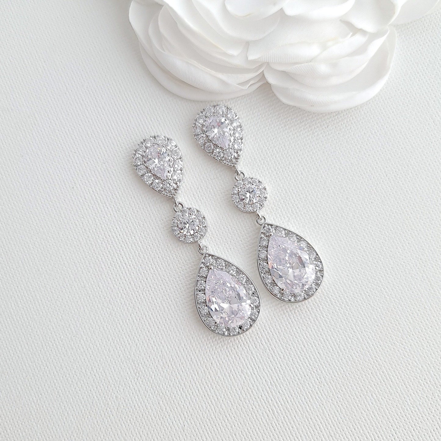 Big Wedding Earrings with Large CZ Teardrops-Penelope - PoetryDesigns