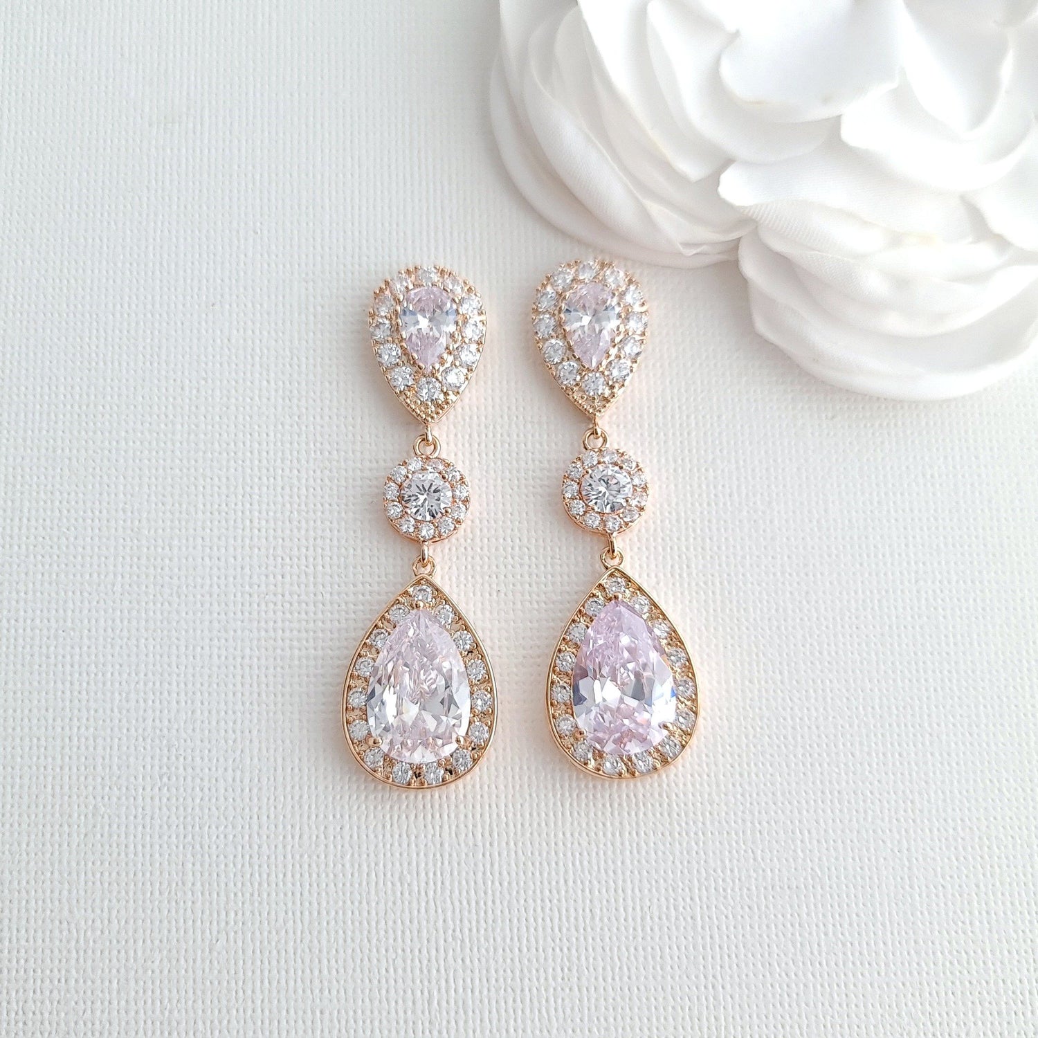 Teardrop Cubic Zirconia Rose Gold Bridal Earrings-Penelope - PoetryDesigns