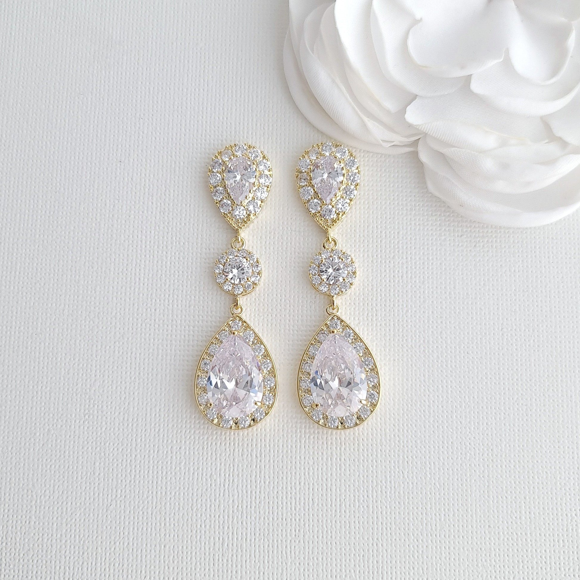 Drop Gold Earrings for Weddings with Teardrop Cubic Zirconia-Penelope - PoetryDesigns