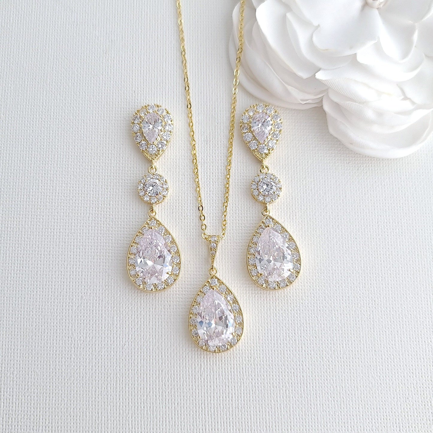 Simple Cubic Zirconia Necklace Set with Long CZ Earrings for Wedding- Penelope - PoetryDesigns