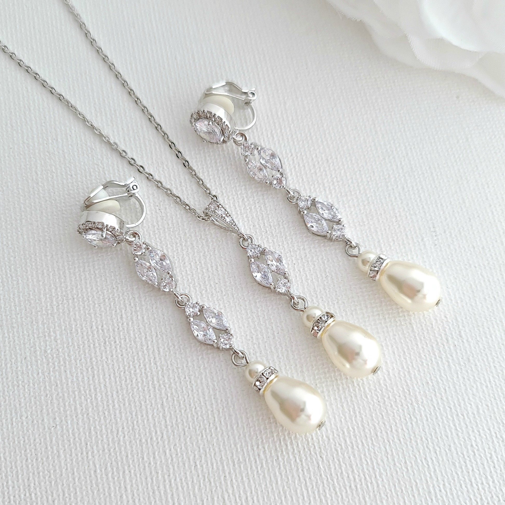 Long Clip on Earrings and Necklace Set for Weddings-Hayley - PoetryDesigns