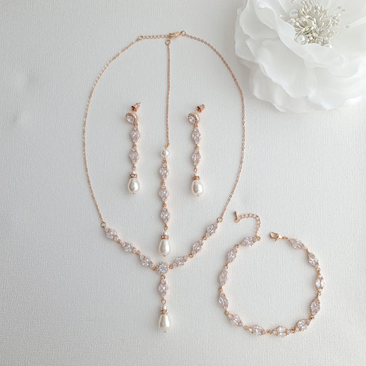 Rose Gold Back Jewelry Set with Necklace Bracelet Earrings for Weddings-Hayley - PoetryDesigns