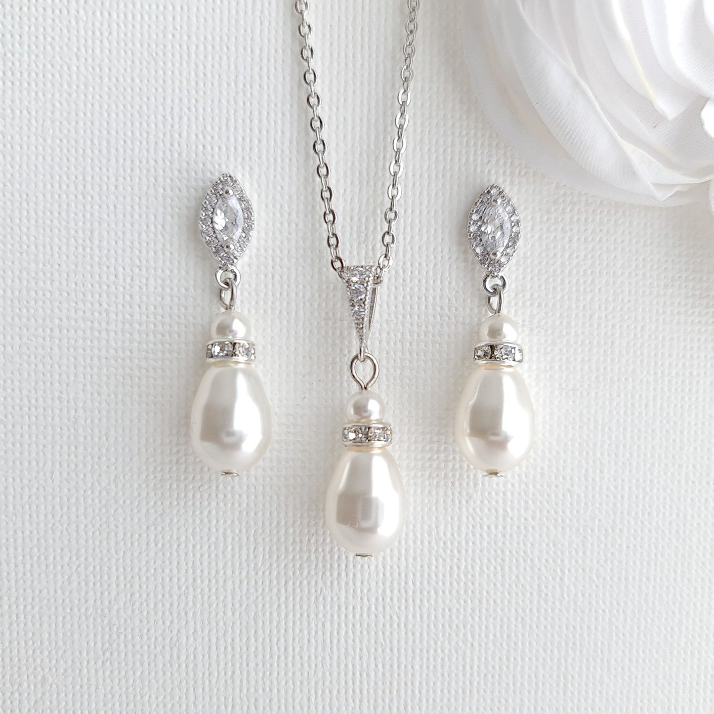 Pearl Jewelry Set with Teardrop Pearl Pendant and Earrings for Brides- Ella - PoetryDesigns